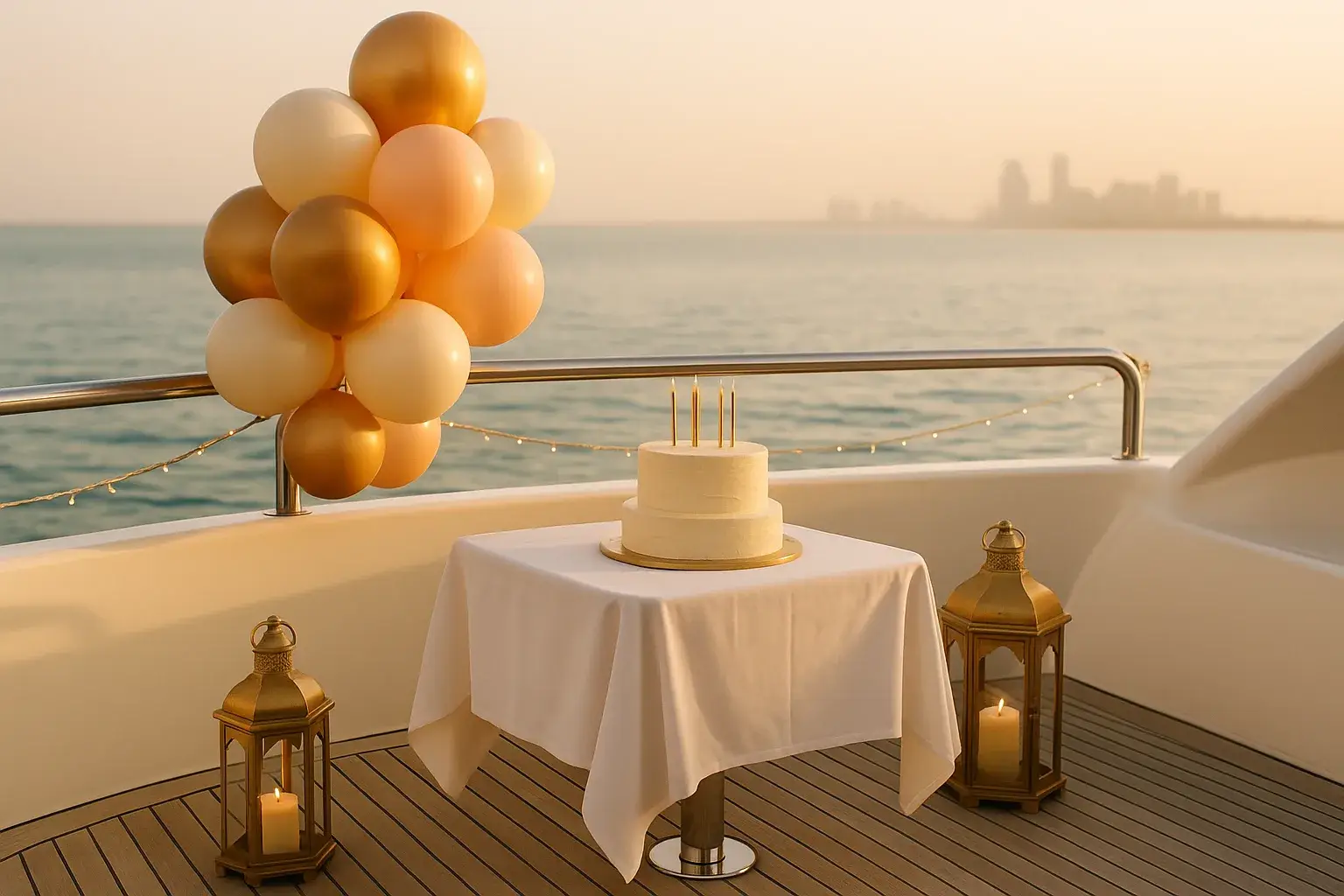 Yacht deck in Abu Dhabi decorated with balloons and a celebration cake at sunset