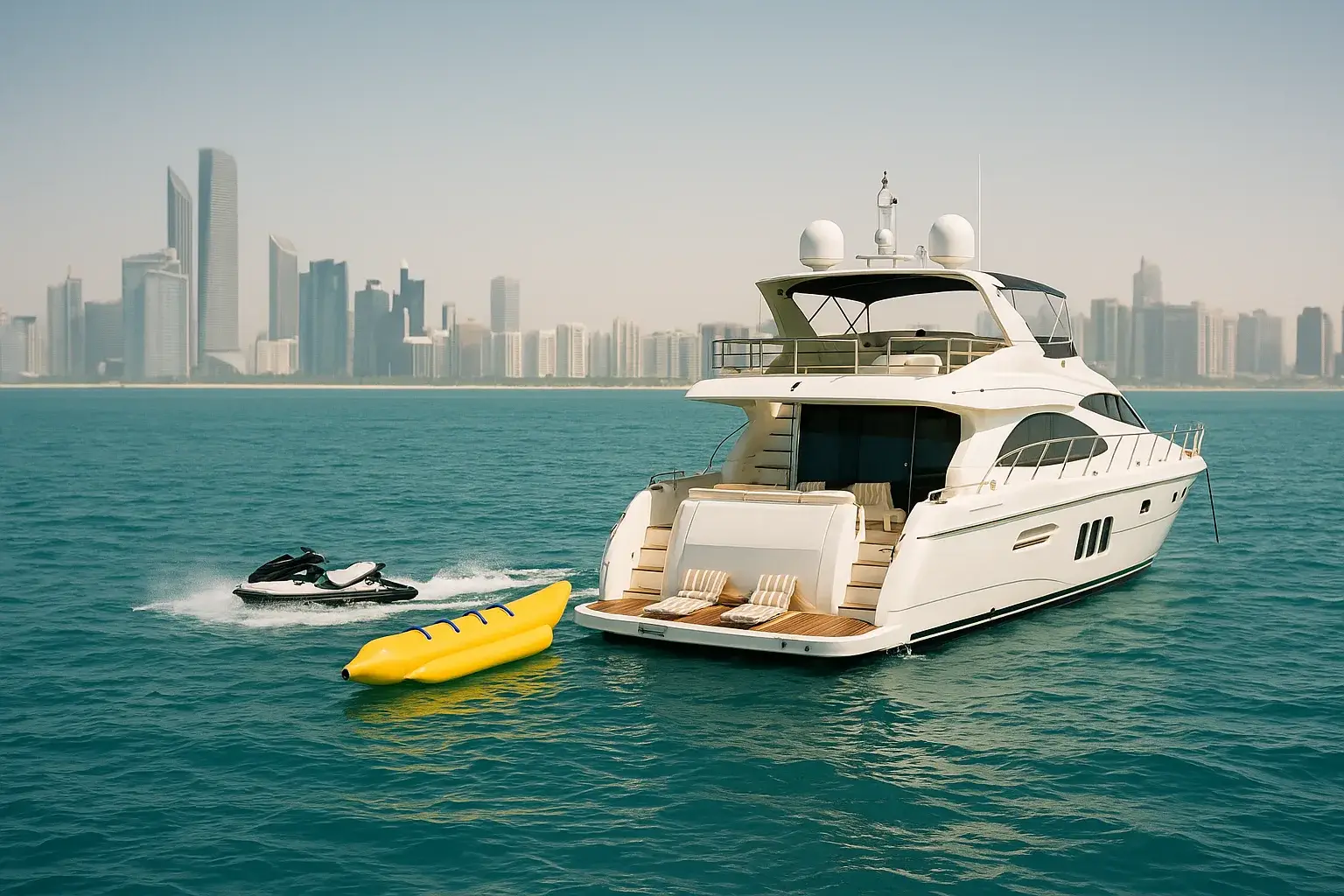 Yacht anchored off the Abu Dhabi Corniche with jet ski and banana boat alongside
