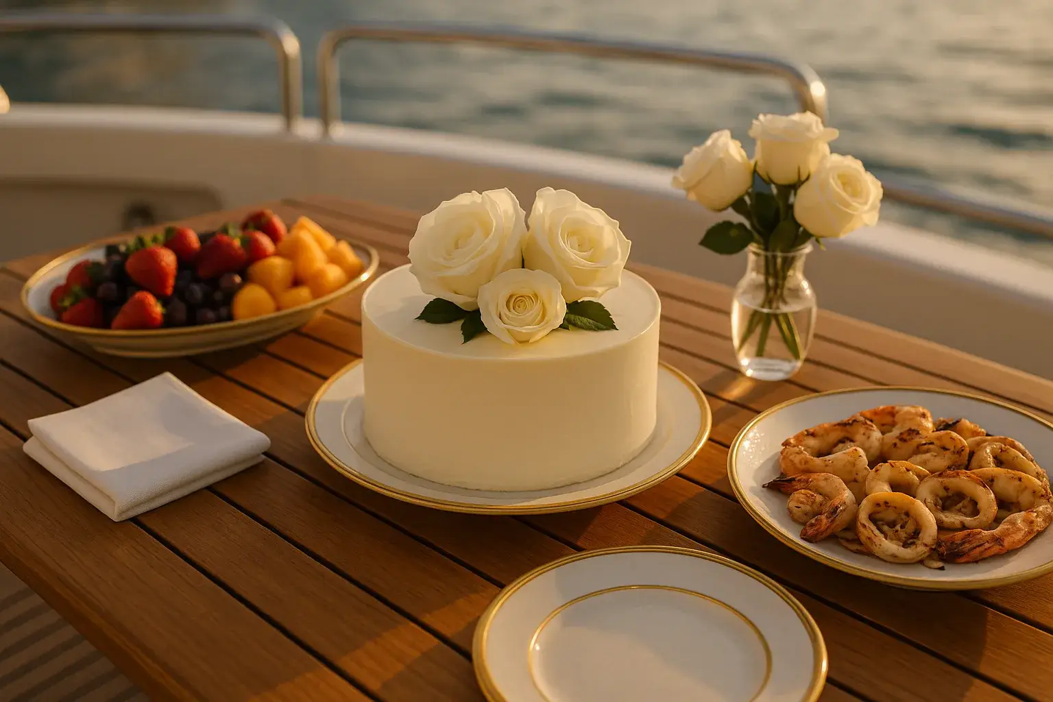 Cake, flowers and catering laid out on a yacht table in Abu Dhabi
