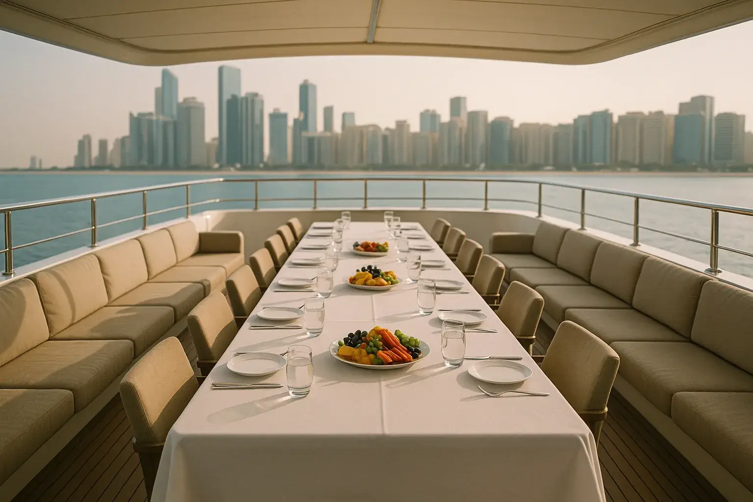 Yacht upper deck in Abu Dhabi set with a long table for a company outing