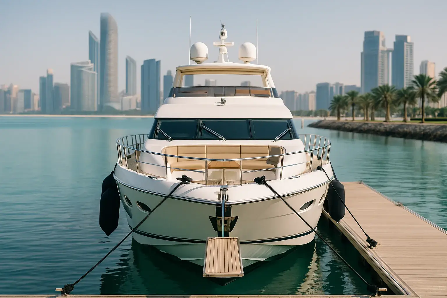 Private charter yacht moored and ready for boarding at a marina in Abu Dhabi